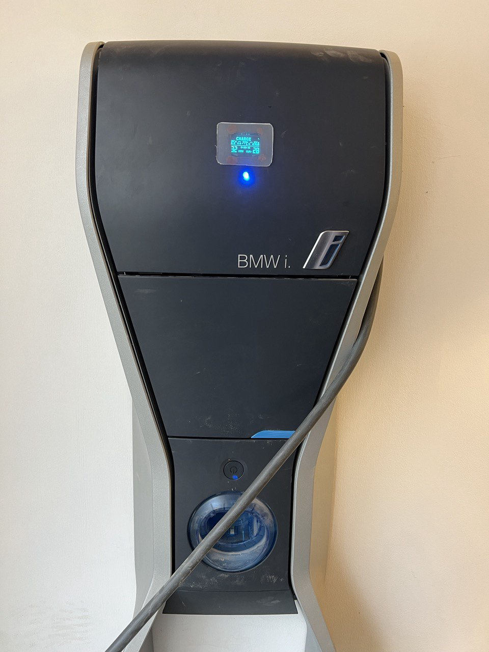 BMW i Wallbox with a very small green status display near the top of a large enclosure